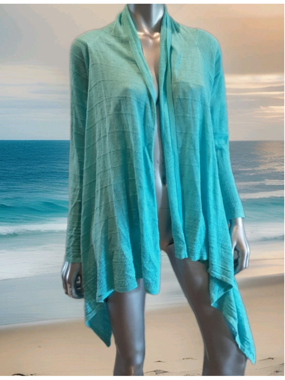 LILLY PULITZER-Aqua Linen Pointelle Knit Open Waterfall Cardigan-S/M Perfection!